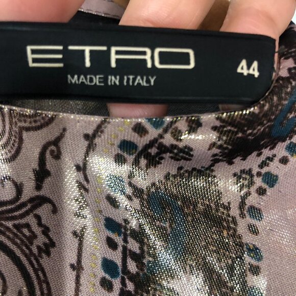 ETRO Metallic Silk Patterned Print Long Sleeve Side Slit Tunic Blouse Sz 44 ITA - Picture 13 of 16